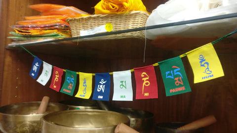 Small Buddha of Compassion Tibetan Prayer Flags Om Mani Padme Hum Set of 10